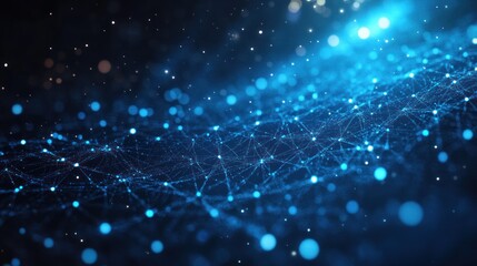 Fototapeta premium Abstract digital network graphic, glowing blue network of interconnected points and lines, dark background with highlights