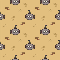 Submarine cartoon so cute. On fish bubbles yellow background. Pattern seamless vector illustration. 