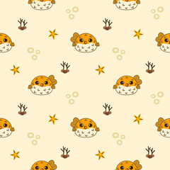 Naklejka premium Pufferfish cartoon so cute. On coral starfish yellow background. Pattern seamless vector illustration. 