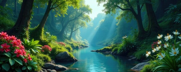 A tranquil jungle clearing with a winding river and colorful wildflowers, blue jungle, calm atmosphere