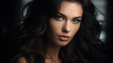 Naklejka premium Alluring gaze of a brunette woman with wavy hair in a dark setting