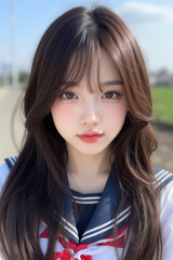 Fototapeta premium Young Asian Female Student in School Uniform - Selfie Photo of Young Woman outside on Sunny Day in City - Eastern Teenager in College Attire Suit or Sailor Formal Wear in Eastern Countries