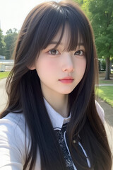 Obraz premium Young Asian Female Student in School Uniform - Selfie Photo of Young Woman outside on Sunny Day in City - Eastern Teenager in College Attire Suit or Sailor Formal Wear in Eastern Countries