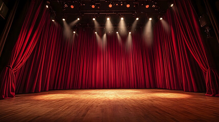 Empty Red Stage Lit by Spotlights