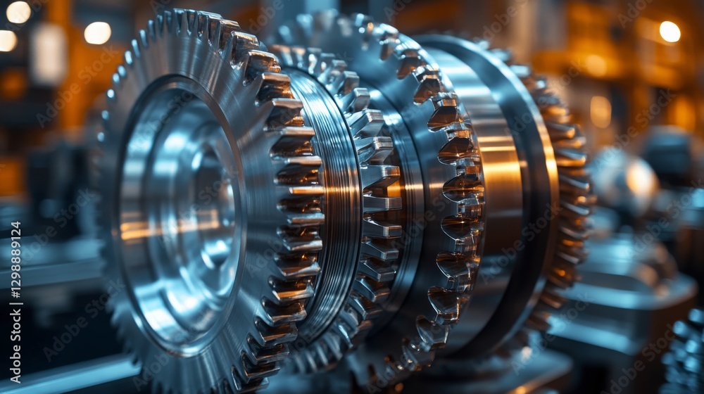Fototapete close-up of metal gears in a manufacturing setting highlights the complexity of machinery used in au