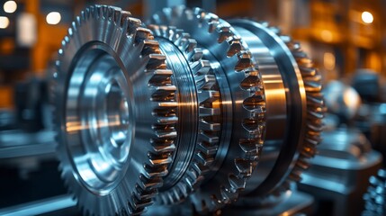 Fototapeta premium Close-up of metal gears in a manufacturing setting highlights the complexity of machinery used in automated production processes.