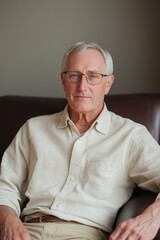 A calm portrait of a mature man enjoying leisure time in a cozy modern interior space.