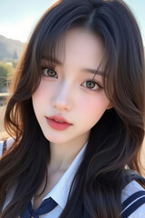 Fototapeta premium Young Asian Female Student in School Uniform - Selfie Photo of Young Woman outside on Sunny Day in City - Eastern Teenager in College Attire Suit or Sailor Formal Wear in Eastern Countries