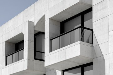 A detailed view of angular balconies and smooth surfaces reflects the minimalist style of modern concrete architecture, demonstrating a blend of functionality and aesthetic appeal.