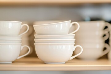 Fototapeta premium A charming display of stacked beige cups against a soft-focus wooden shelf, suggesting warmth and comfort.