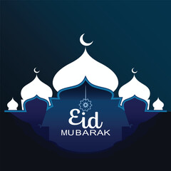 Eid Mubarak Greeting Card with Mosque Silhouette and Crescent Moon