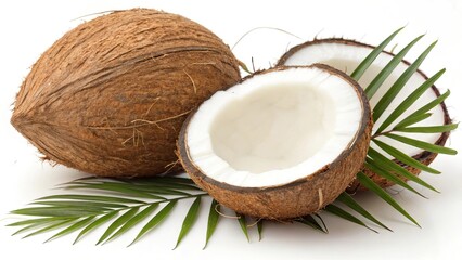 Fresh Whole and Half Coconut with Palm Leaf on White Background