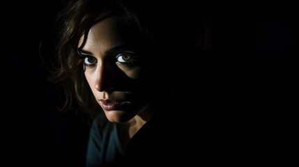 Intense gaze of a woman emerging from the darkness revealing mystery