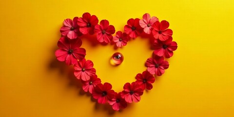 Obraz premium A vibrant heart-shaped arrangement of crimson blossoms encircles a captivating glass orb, subtly revealing an eye within; a symbolic image of love and observation.