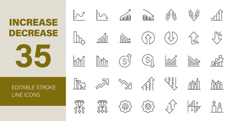 Increase and Decrease Icon set. Business graphs related icons: analytics, statistic, chart, graph, arrow, growth and more. Editable line icons. Vector illustration.