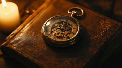 A close-up shot of a steampunk-inspired pocket watch with exposed gears and a glass cover, AI Generative.