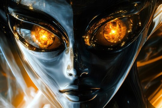 Metallic alien face with golden energy emanating from its eyes, creating a futuristic and otherworldly atmosphere