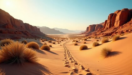 Naklejka premium Desert track meanders through deep sandy valleys, sandy, natural, wilderness