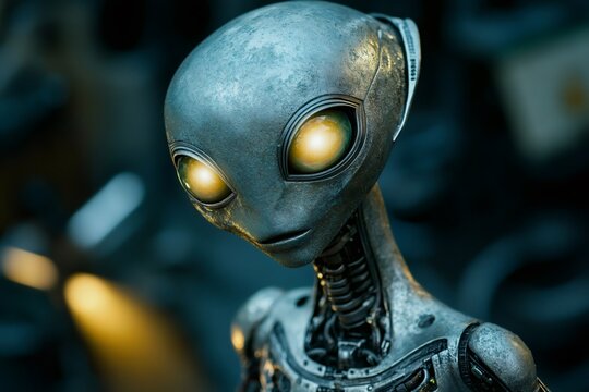 Close up of an extraterrestrial being showcasing glowing eyes and intricate brushed steel body texture, creating a captivating otherworldly presence