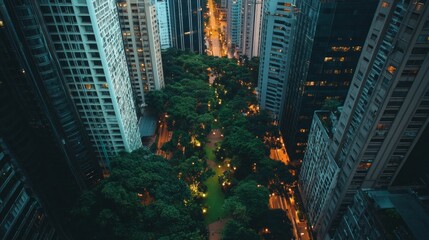 a dense urban jungle with lush green parks nestled between skyscrapers, with pedestrians walking along tree-lined streets, AI Generative.