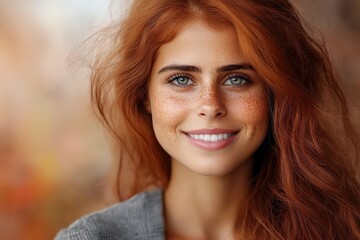 Fototapeta premium Radiant Red-Haired Woman with Freckles and Blue Eyes Enjoys Autumn—Casual Portrait in Natural Light