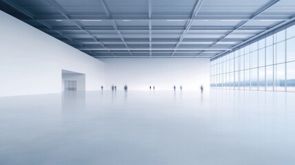 in spacious warehouse intentionally blurred figures move in background creating minimalist and purposeful image with