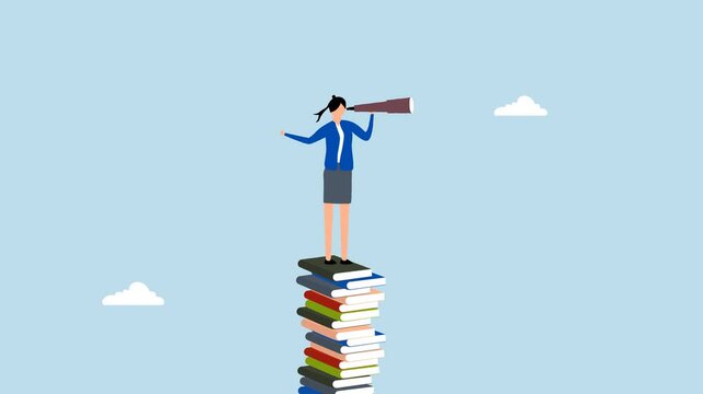 Book to help career advancement, 4k animation of businesswoman leader peers through telescope atop tall stack of books. 