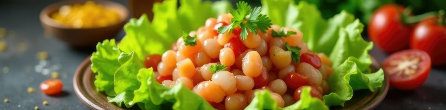 Fresh chancho patitas de ceviche on a bed of lettuce, fresh, ceviche, salad