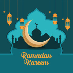 Ramadan Kareem Greeting Card with Crescent Moon and Lanterns