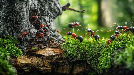 Ant nest ecosystem in 3D, illustrating the cooperation among worker ants, protection by soldiers, and the crucial role of the queen in reproduction.