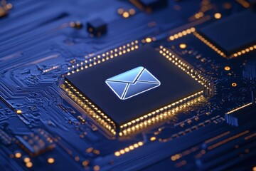 Graphic layout featuring a microchip and envelope icon, symbolizing digital communication