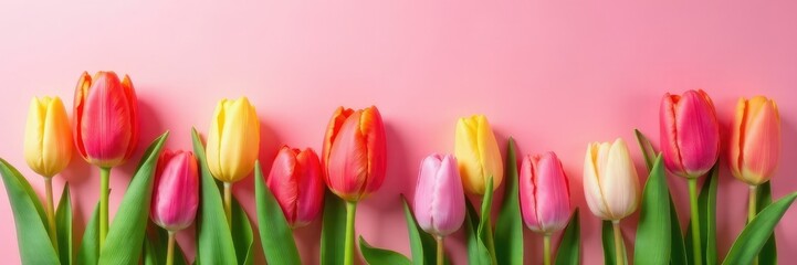 Obraz premium Colorful tulips and green foliage against a warm pastel pink backdrop with springtime vibes, flower arrangement, blossoms, spring