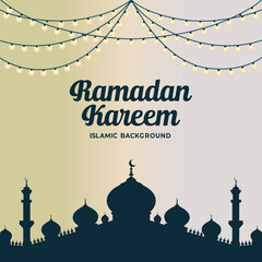 Ramadan Kareem Islamic Background with Mosque Silhouette and Festive Lights