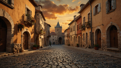 Obraz premium Charming European Village Street at Sunset – Historic Architecture, Cobblestone Road, Warm Golden Light, and Classic Buildings – Tranquil Old Town with Church Tower and Vintage Atmosphere