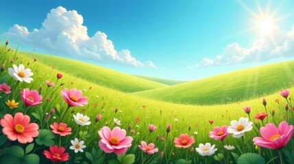Serene Meadow Landscape Featuring Vibrant Wildflowers Under a Sunny Sky