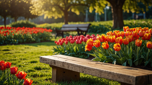 Beautiful Garden with Wooden Bench and Colorful Tulips &ndash; Spring Bloom, Tranquil Park, Scenic Nature, Relaxing Outdoor Scene, Sunlit Flowers, Greenery, Peaceful Atmosphere, Romantic Setting, Floral Bea