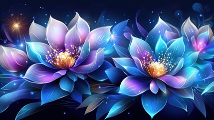 Vibrant blue lotus flowers with glowing petals against a dark background.
