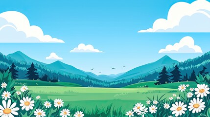 Fototapeta premium A serene landscape featuring rolling hills, vibrant green grass, blooming daisies, and a clear blue sky with fluffy clouds.