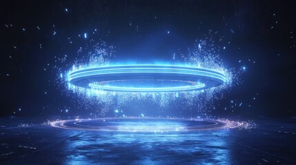 Futuristic space teleport, neon blue light circles, hologram portal, energy sparkles, protective dome vector