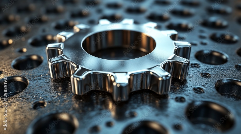 Poster a metallic gear rests prominently on a textured surface within a manufacturing facility. the setting