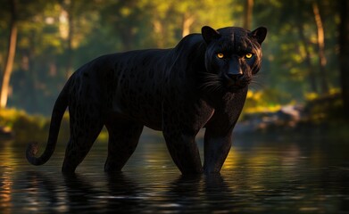 black panther with glowing eyes standing in the water, front view, forest background, wildlife photography, dramatic lighting, water reflection, wild and mysterious
