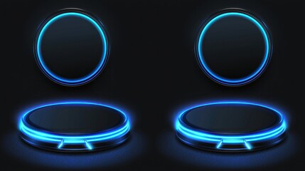 Neon blue light circles set, isolated on black background, realistic vector illustration, round platforms with protective dome