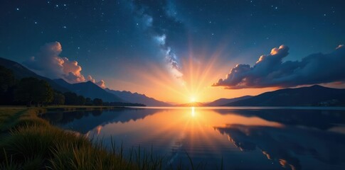 Obraz premium Golden starlight illuminates the surface of a serene and peaceful lake, field, lake