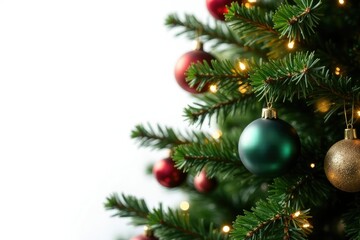 Evergreen tree adorned with sparkling ornaments and lights isolated on white background, ornaments, holly