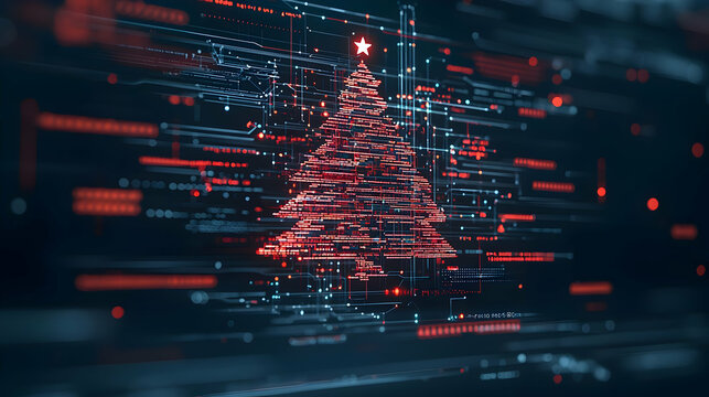 Digital Christmas Tree Composition In Red And Blue With Glowing Lights On Dark Background