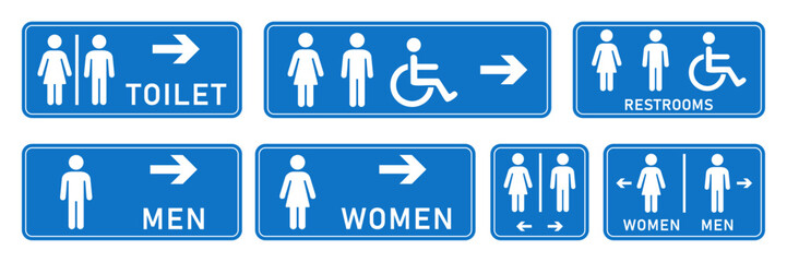 Toilet icons set. Wc toilet sign. Male and female restroom icon sign with left and right arrow. Disabled wheelchair icon. Vector Illustration.