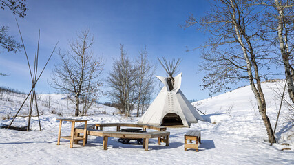 Tipi gathering place at Wanuskewin Heritage Park in Saskatoon, Canada