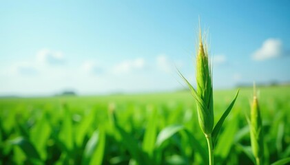 Obraz premium Tall corn plant stem against a vast field of crops, sky, green, agriculture