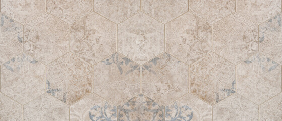 Old gray brown worn vintage shabby damask patchwork hexagonal hexagon motif tiles tile mosaic stone concrete cement wall texture background banner