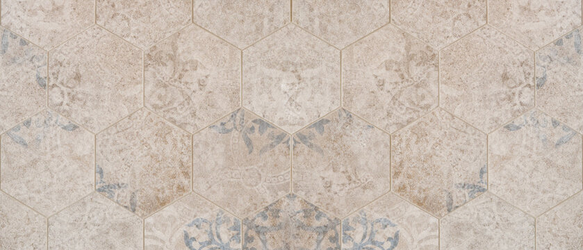 Old gray brown worn vintage shabby damask patchwork hexagonal hexagon motif tiles tile mosaic stone concrete cement wall texture background banner